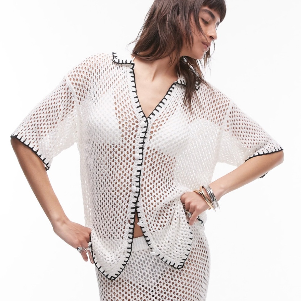 NWT $77 TOPSHOP Topshop knitted long line shirt cover up swim in cream sz 8-10
